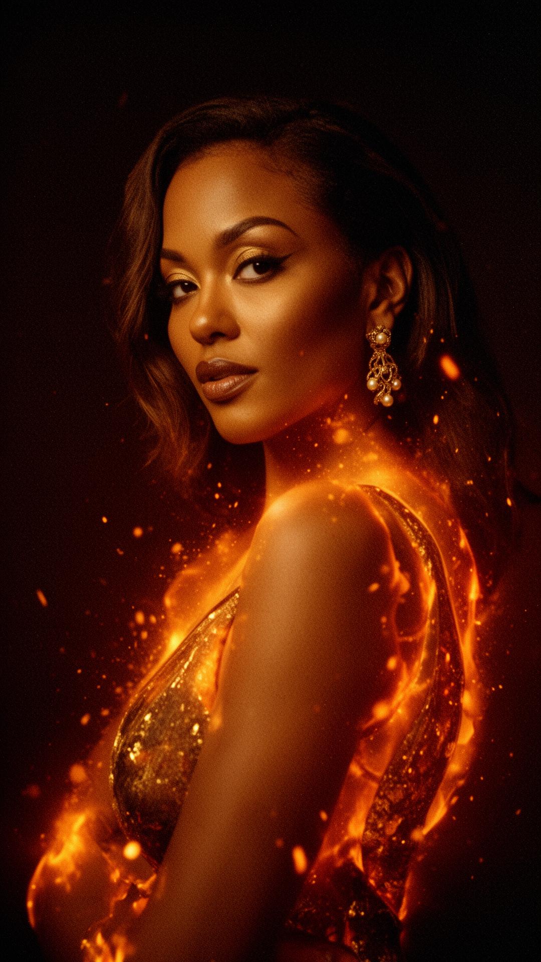 A woman radiating warm ember light